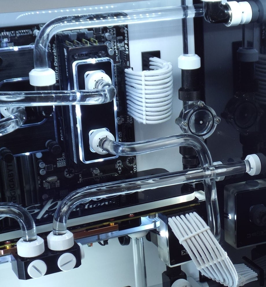 A complicated liquid cooling loop in a custom PC.