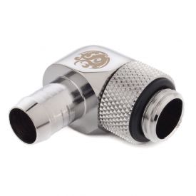 Bitspower G1/4" to 3/8" Barb Fitting for Soft Tubing, 90 Degree Single Rotary, Silver Shining
